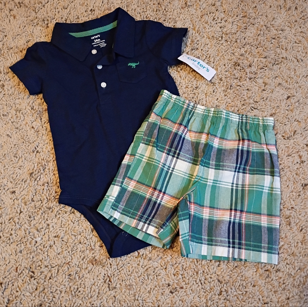 Carter's  NWT Navy Polo Bodysuit with Green Plaid Shorts Set Size 24M